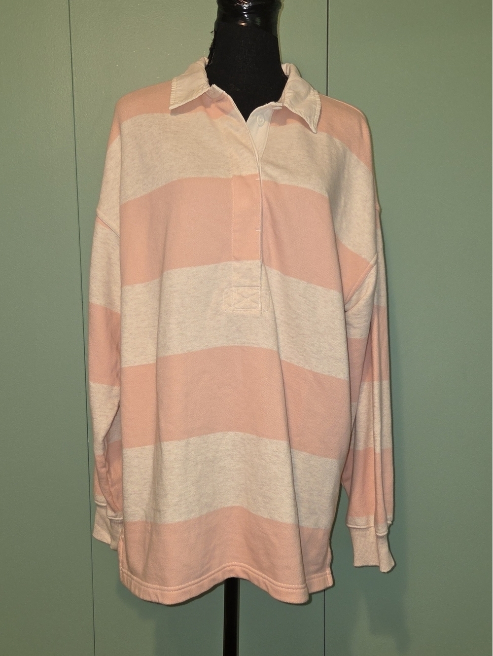 Aerie Oversized Pink And Cream Striped Long Sleeve Collar Shirt Size Small